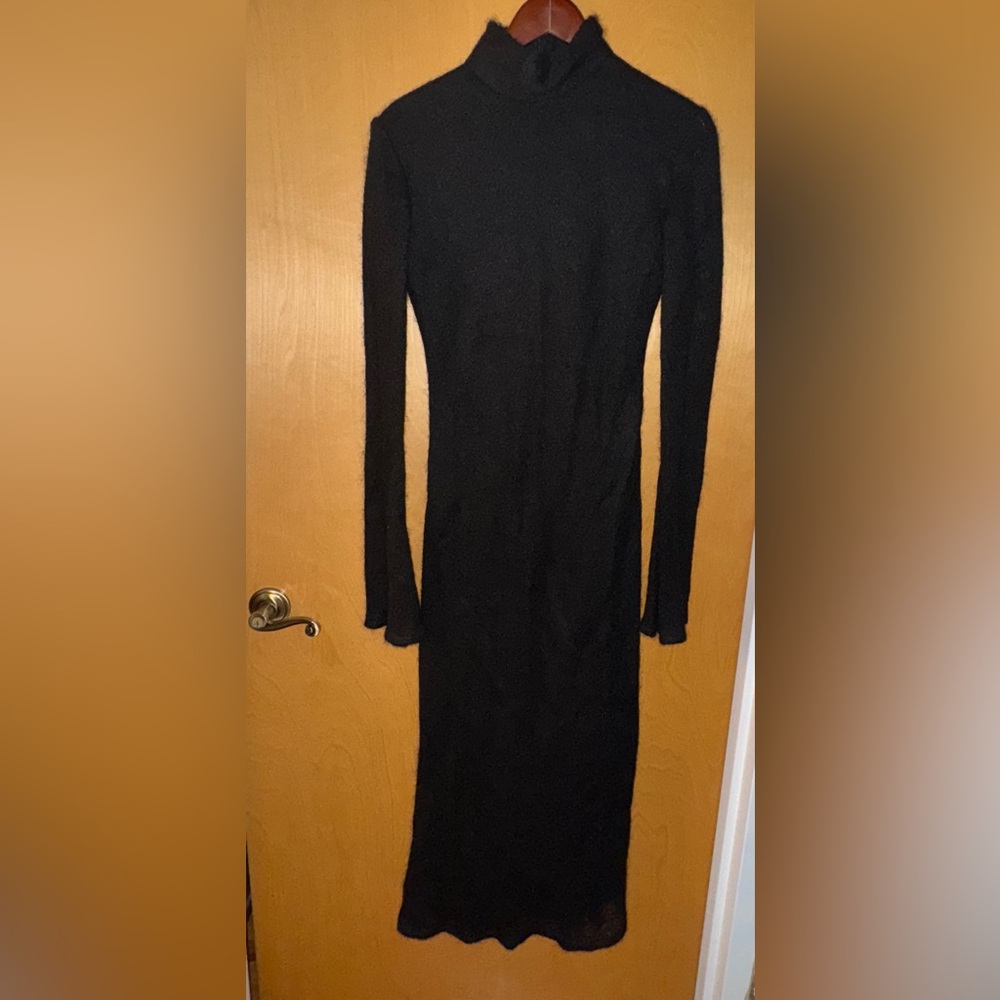 Black Angora Wool Long Sleeve Midi Dress
